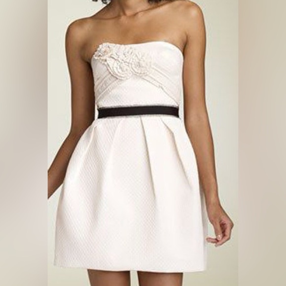 BCBGMaxAzria Dresses & Skirts - BCBGMaxAzria Strapless Leather Rosette Cocktail Party Dress, EC, Bone, Size 10